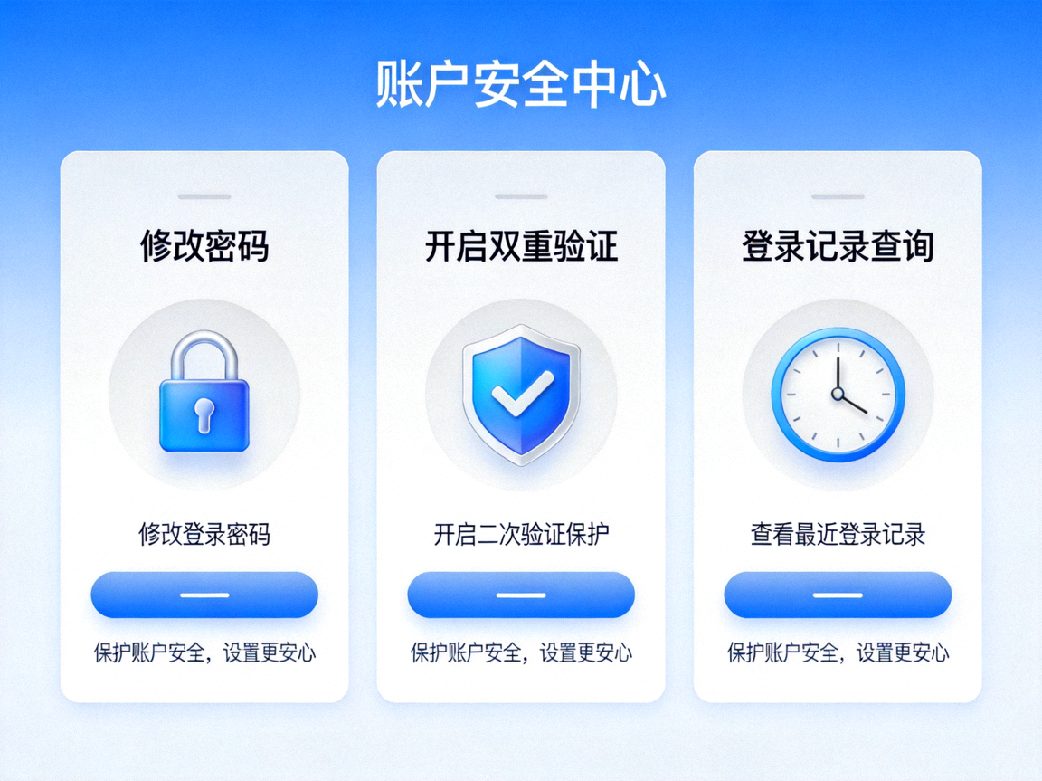 C7官网账户安全中心界面，展示修改密码、开启双重验证及登录记录查询功能