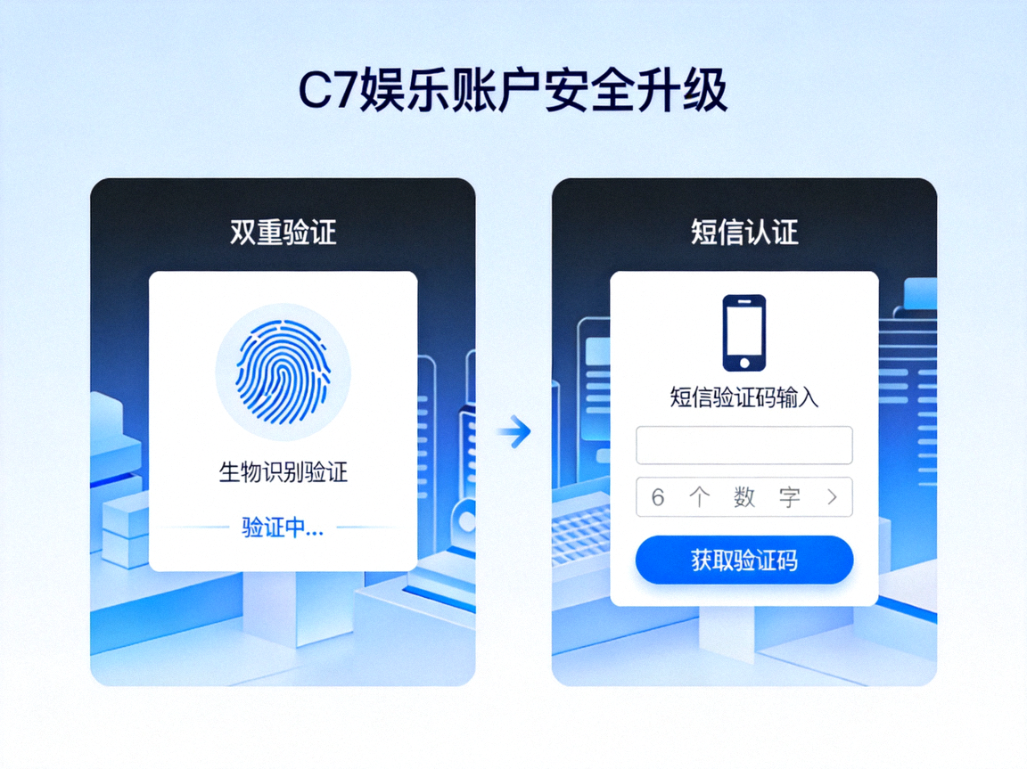 C7娱乐账户安全升级：双重验证功能界面展示，包含生物识别与短信认证步骤