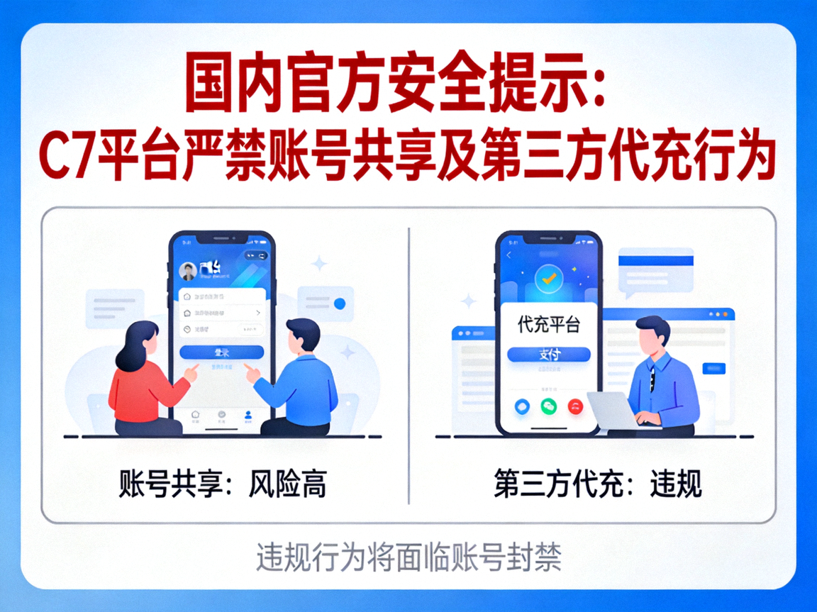 国内官方安全提示：C7平台严禁账号共享及第三方代充行为警示图