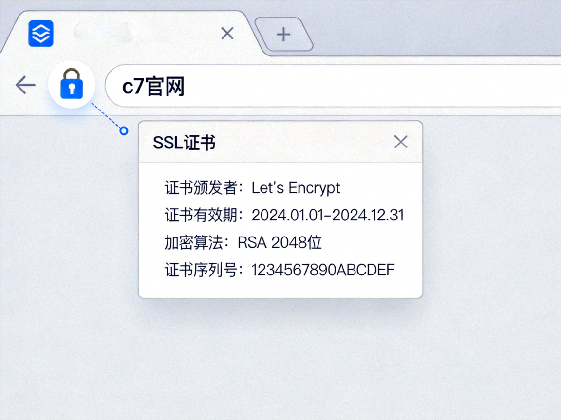 浏览器地址栏中c7官网的安全锁图标及SSL证书详细信息弹出窗口示意图